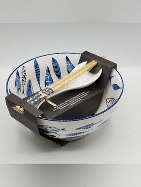 SH Home Blue Greek Fish Ceramic Ramen Noodle Bowl
